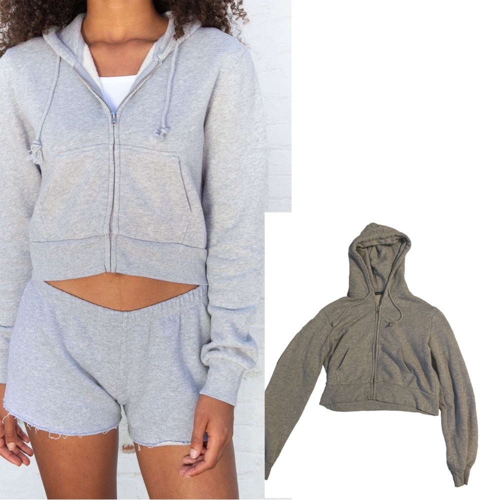 Brandy Melville Crystal Cropped Zip Hoodie - heather grey - fits XS - M